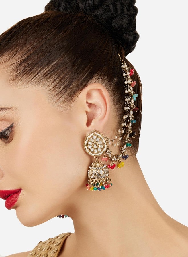 ZAVERI PEARLS Combo of 2 Multicolor Stones Beads Statement Jhumka With Ear Chain Earrings For Women-ZPFK22025 - Image 4