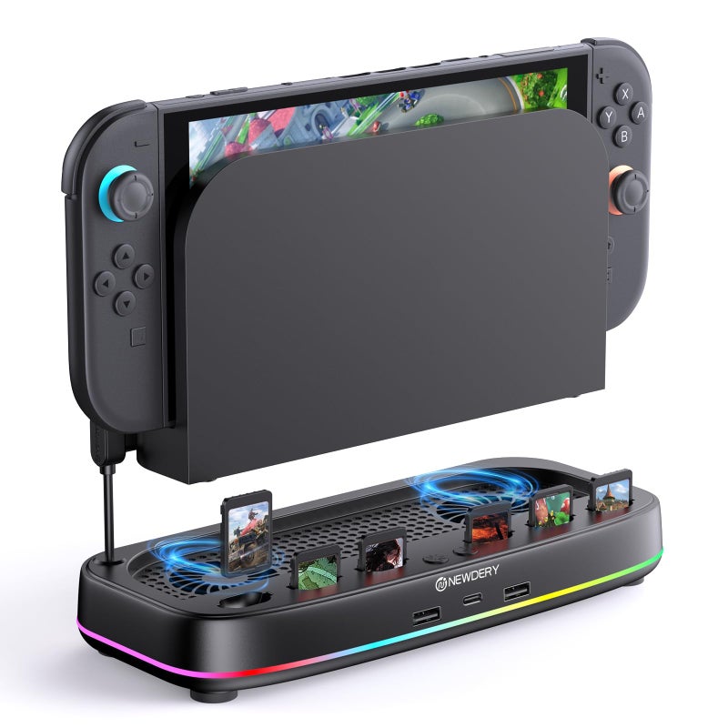 NEWDERY Cooling Fan for Nintendo Switch 2 Dual Fan Design 6 Game Card Slots 3 Wind Speeds Adjustable RGB Light Modes 3 USB Ports Dock Cooldown Accessories for Switch 2 - Image 2