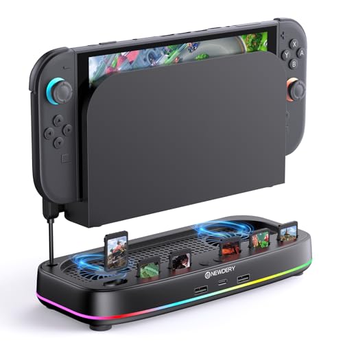 NEWDERY Cooling Fan for Nintendo Switch 2 Dual Fan Design 6 Game Card Slots 3 Wind Speeds Adjustable RGB Light Modes 3 USB Ports Dock Cooldown Accessories for Switch 2 - Image 1