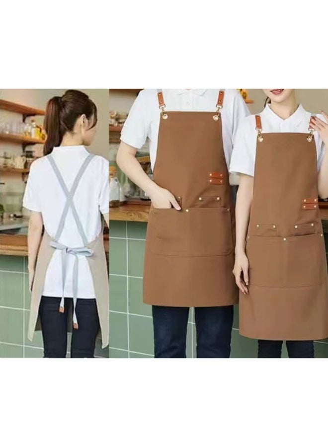 مريلة مطبخ من قماش الكانفاس المقاوم للماء، قطعة واحدة، بظهر متقاطع وأحزمة قابلة للتعديل وجيوب كبيرة، مناسبة للطهاة ومحترفي الطبخ والخبز وتصفيف الشعر والنجارة واللحام. لون بني قهوة. - Image 2