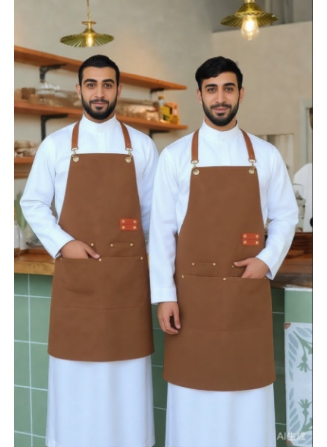 مريلة مطبخ من قماش الكانفاس المقاوم للماء، قطعة واحدة، بظهر متقاطع وأحزمة قابلة للتعديل وجيوب كبيرة، مناسبة للطهاة ومحترفي الطبخ والخبز وتصفيف الشعر والنجارة واللحام. لون بني قهوة. - Image 1