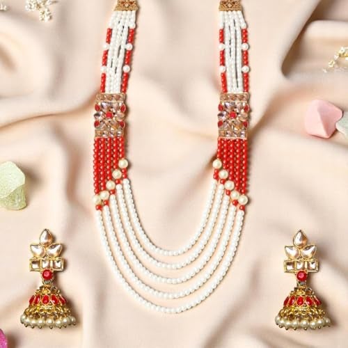 ACCESSHER Pearl Beads Floral Pendant Necklace Set for Women | Elegant Choker & Matching Earrings Jewellery Set | Stylish Necklace Set for Women & Girls (White Red) - Image 3