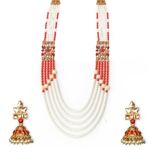 ACCESSHER Pearl Beads Floral Pendant Necklace Set for Women | Elegant Choker & Matching Earrings Jewellery Set | Stylish Necklace Set for Women & Girls (White Red) - Image 1