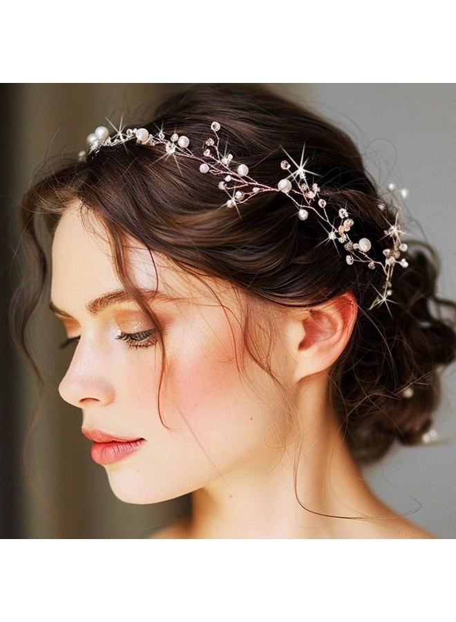 GENBREE Bride Wedding Headband Silver Rhinestone Hair Piece Crystal Flower Bridal Hair Vine Accessories for Women  - Image 4