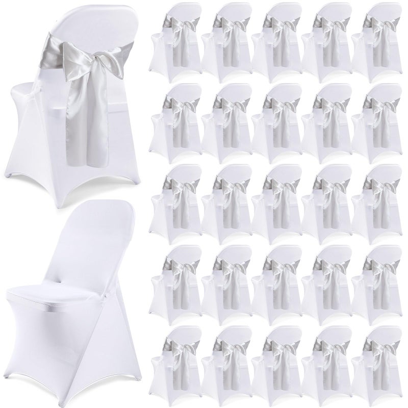 Lounsweer Lounsweer 50 Pcs Folding Chair Cover Set with 25 Stretch Spandex Slipcovers 25 Satin Chair Sashes Bows Ribbon Washable Banquet Protector for Wedding Event PartyWhite Silver 