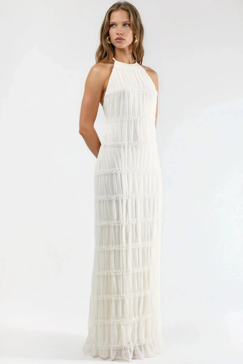 Hiccup White Halter Neck Textured Maxi Dress for Women | Best Price UAE