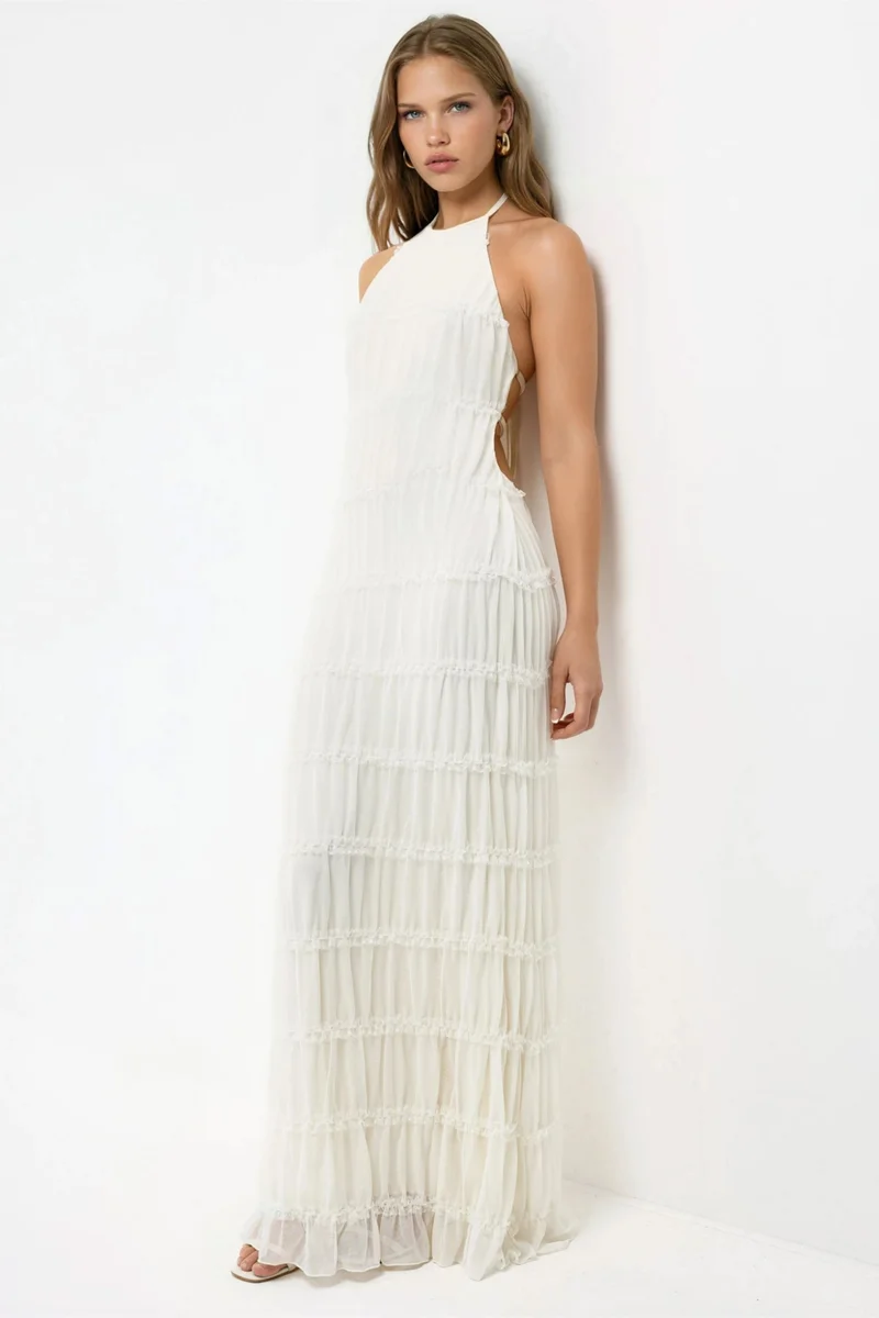 Hiccup White Halter Neck Textured Maxi Dress for Women | Best Price UAE