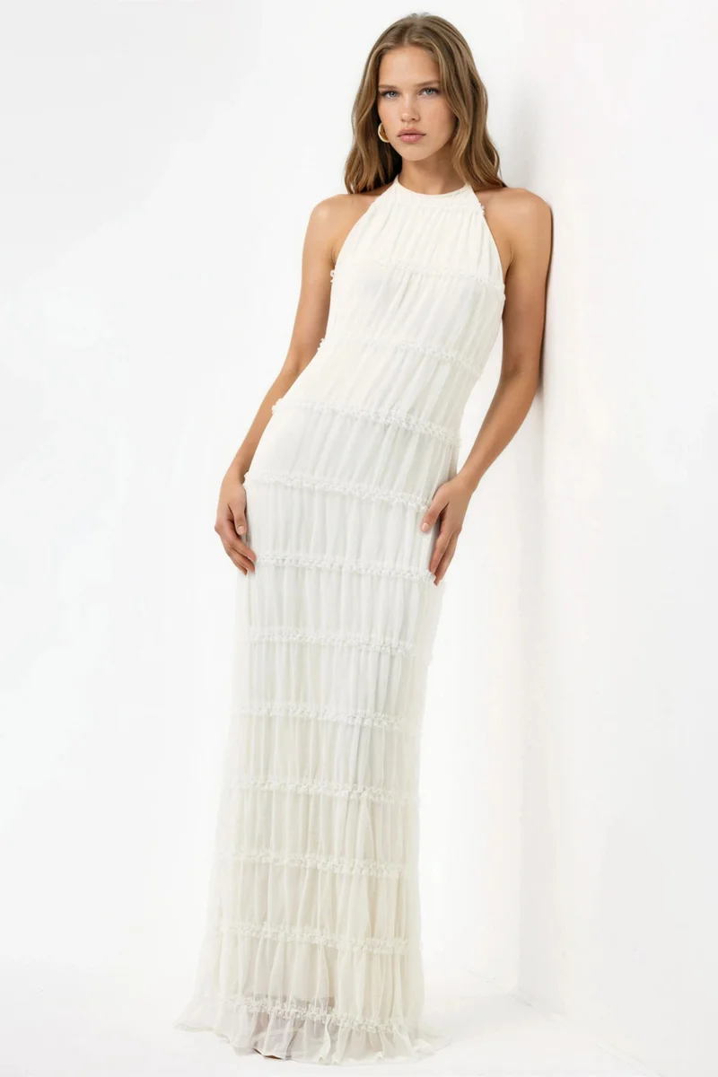 Hiccup White Halter Neck Textured Maxi Dress for Women | Best Price UAE
