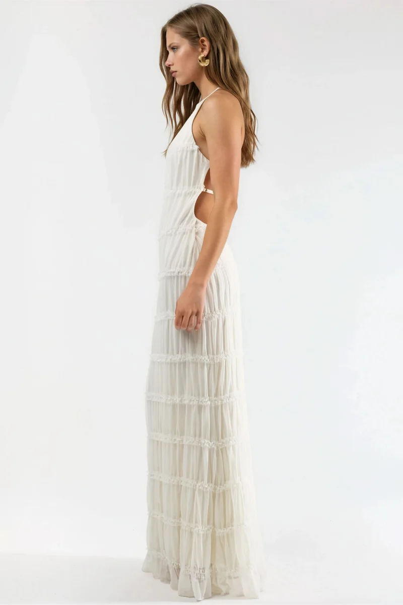 Hiccup White Halter Neck Textured Maxi Dress for Women | Best Price UAE