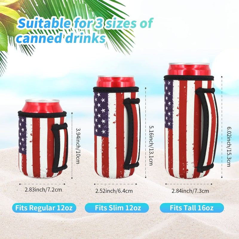 AJLTPA 3 Pack Reusable Neoprene Insulated Can Sleeve with Handle for Soda  Energy drink  Pop  Beer  Hard Seltzer  Can Coosies For 12oz & 16oz Can  12oz Slim can (American Flag(3Pack)) - Image 2