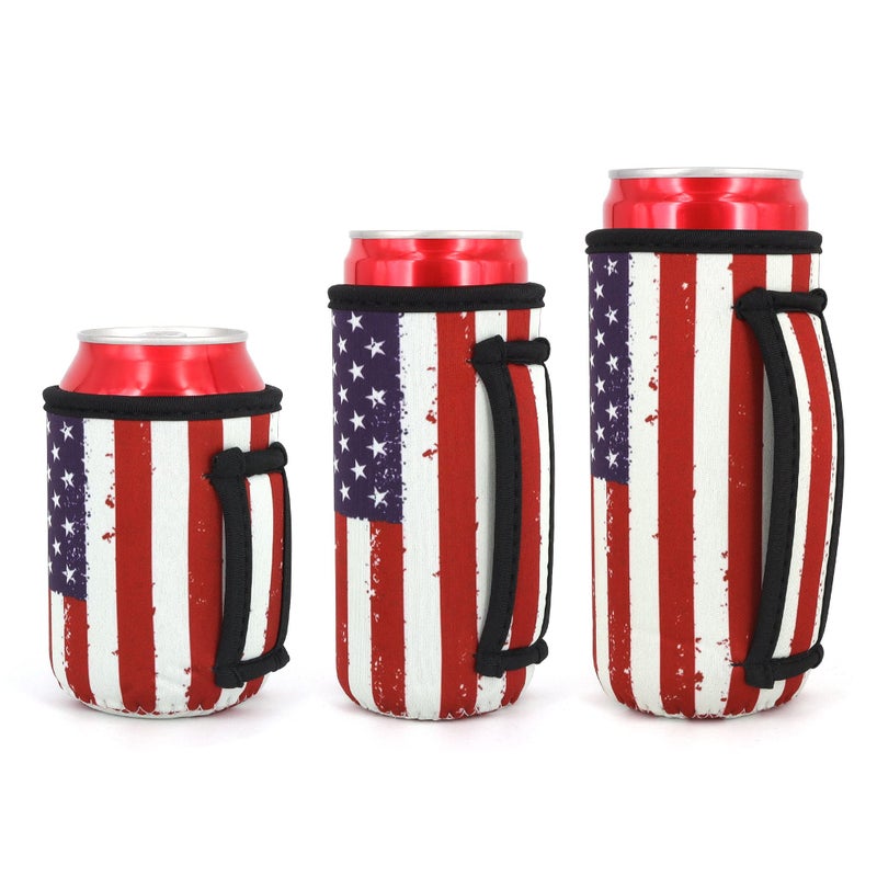 AJLTPA 3 Pack Reusable Neoprene Insulated Can Sleeve with Handle for Soda  Energy drink  Pop  Beer  Hard Seltzer  Can Coosies For 12oz & 16oz Can  12oz Slim can (American Flag(3Pack)) - Image 1