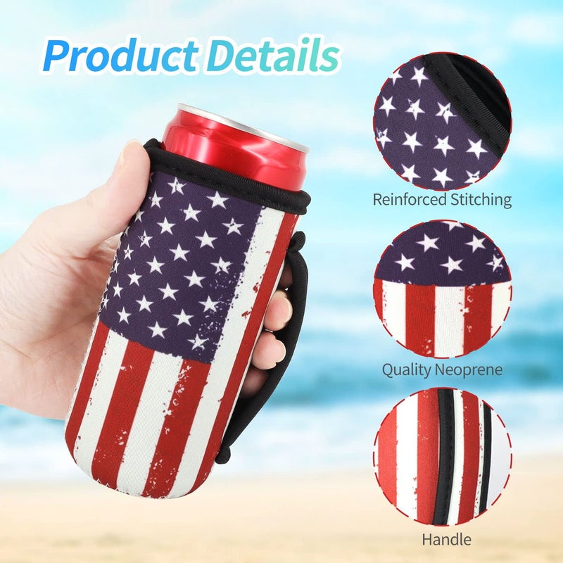 AJLTPA 3 Pack Reusable Neoprene Insulated Can Sleeve with Handle for Soda  Energy drink  Pop  Beer  Hard Seltzer  Can Coosies For 12oz & 16oz Can  12oz Slim can (American Flag(3Pack)) - Image 3