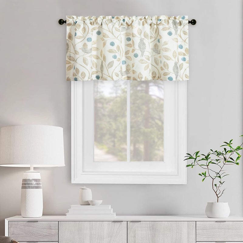 VOGOL Farmhouse Valances for Windows  Birds  Leaves Vintage Rod Pocket Window Curtains for Cafe Kitchen Small Windows 52x18 Inch