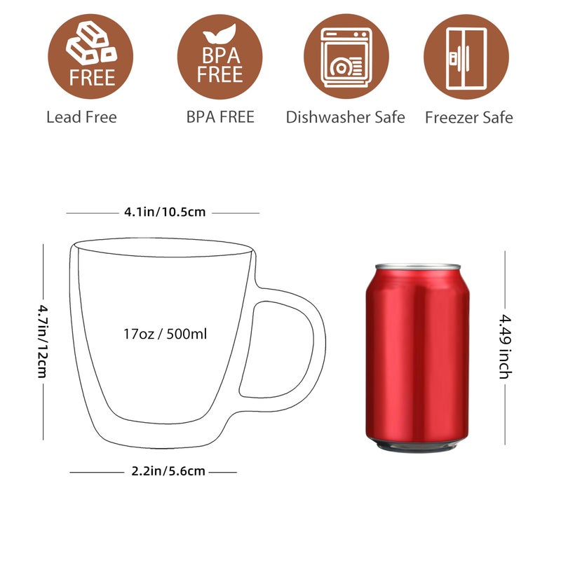 CNGLASS Large Glass Coffee Mugs 17oz,Double Walled Insulated Clear Coffee Cups with Handle,Clear Espresso Mugs for Cappuccino,Latte,Tea Bags,Hot and Cold Beverages,Set of 4 - Image 2