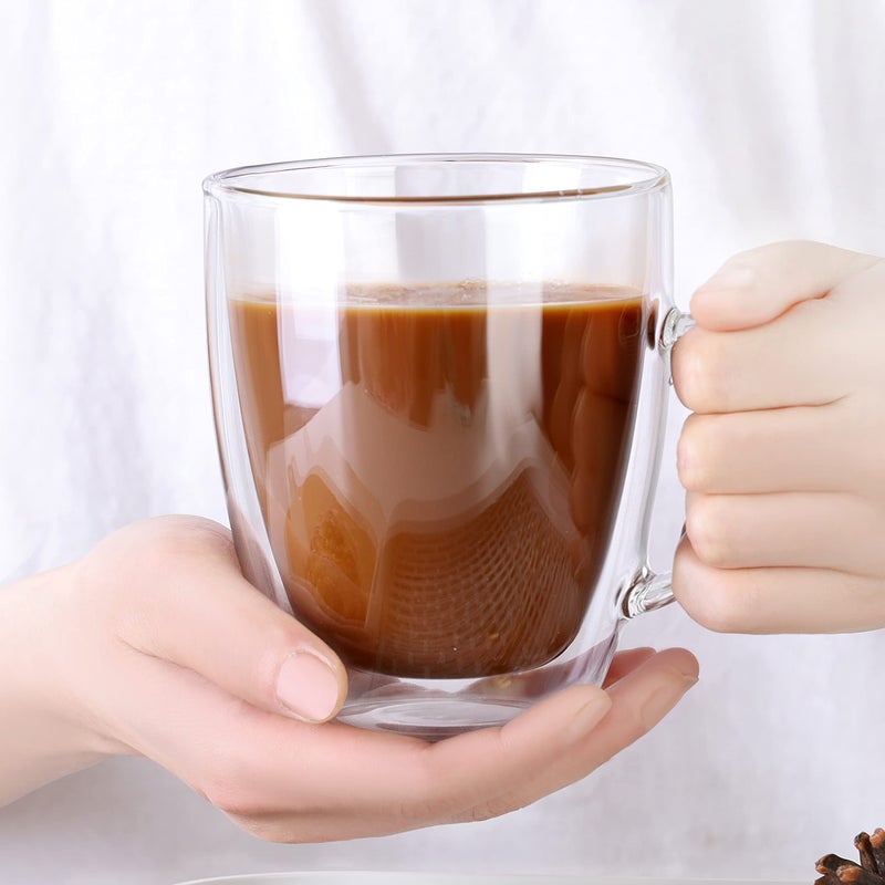 CNGLASS Large Glass Coffee Mugs 17oz,Double Walled Insulated Clear Coffee Cups with Handle,Clear Espresso Mugs for Cappuccino,Latte,Tea Bags,Hot and Cold Beverages,Set of 4 - Image 5