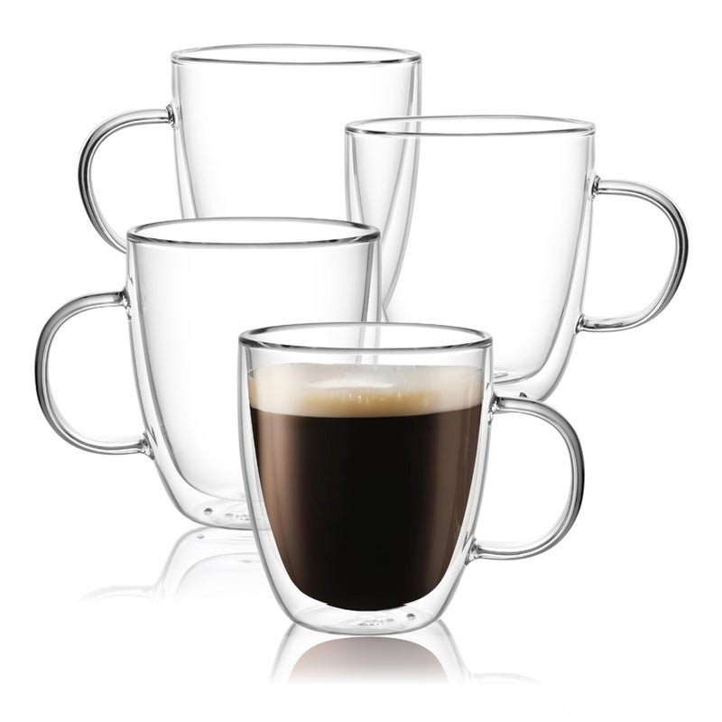 CNGLASS Large Glass Coffee Mugs 17oz,Double Walled Insulated Clear Coffee Cups with Handle,Clear Espresso Mugs for Cappuccino,Latte,Tea Bags,Hot and Cold Beverages,Set of 4 - Image 1