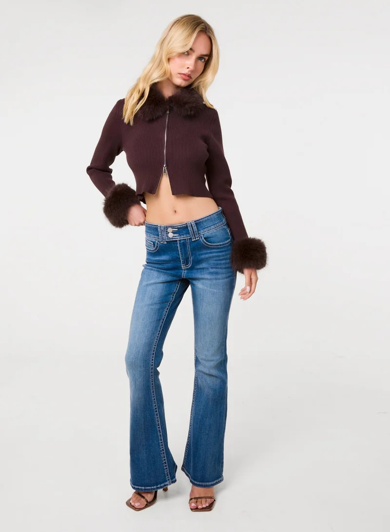 Fur Trim Zip Through Cardigan