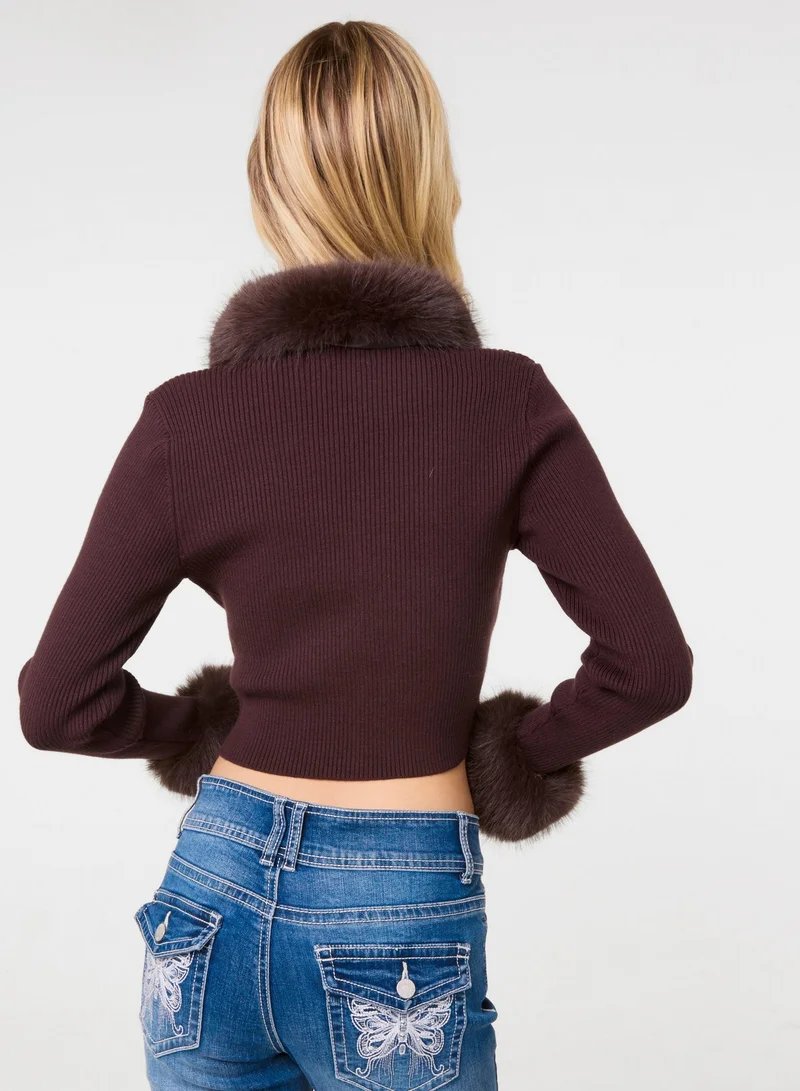 Pink Vanilla Fur Trim Zip Through Cardigan