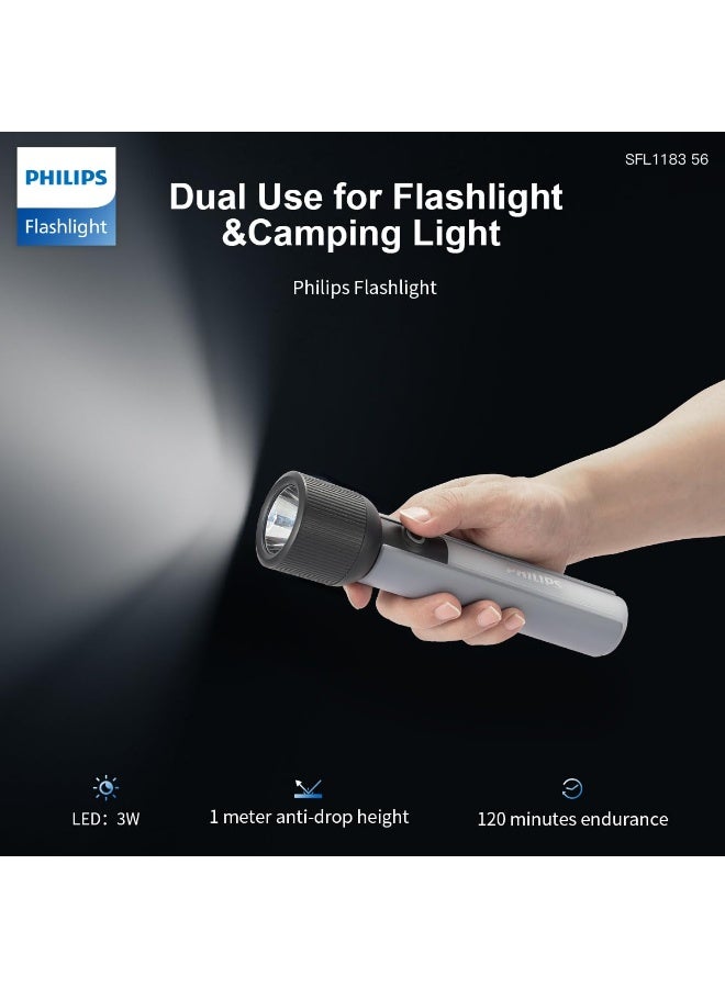 Philips Portable LED Torch Light with Side Camping Light | 400 Lumens Brightness | 2200mAh Rechargeable Battery | 6 Lighting Modes | 150M Beam Range | Type-C Charging | IP44 Splash-Proof | Anti-Drop Handheld Flashlight for Home, Outdoor, Camping, Hiking & Emergency Use grey - Image 2