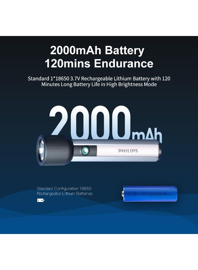 Philips Portable LED Torch Light with Side Camping Light | 400 Lumens Brightness | 2200mAh Rechargeable Battery | 6 Lighting Modes | 150M Beam Range | Type-C Charging | IP44 Splash-Proof | Anti-Drop Handheld Flashlight for Home, Outdoor, Camping, Hiking & Emergency Use grey - Image 5