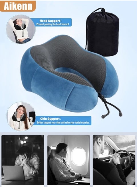 Travel Pillow Memory Foam Neck Pillow Airplane Neck Pillow Neck & Head Support Pillow with Storage Bag Suitable for Sleeping Rest（Blue)