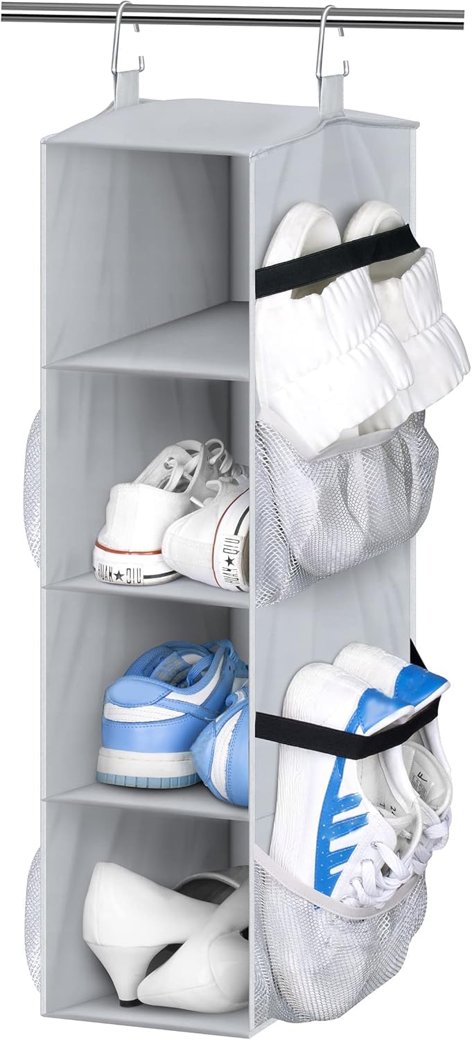 SLEEPING LAMB Short Hanging Shoe Organizer for Closet Storage with Mesh Side Pockets Holds 8 Pairs Hanging Shoe Rack Hanger RV Camper Grey