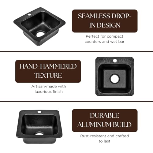 Monarch Abode حوض بار باكستر صغير من الألمنيوم الأسود غير اللامع مقاس 15 بوصة، حوض منزلي وحوض بار مع ثقب صنبور لمطبخ رطب، حوض RV قابل للتثبيت، أحواض مطبخ - Image 4