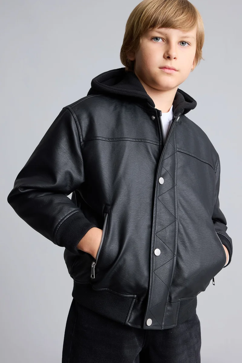 Defacto Boy Bomber Collar Plush Faux Leather Jacket