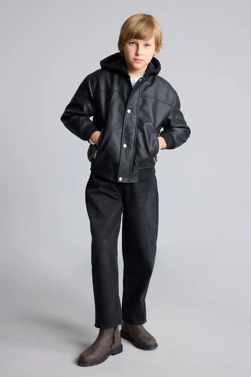 Defacto Boy Bomber Collar Plush Faux Leather Jacket