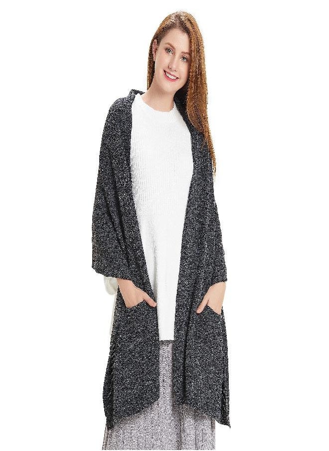 HANERDUN Hanerdun's Womens Thick Knit Wrap Soft Warm Shawl Winter Scarf With Pocket, Black, One Size  - Image 4