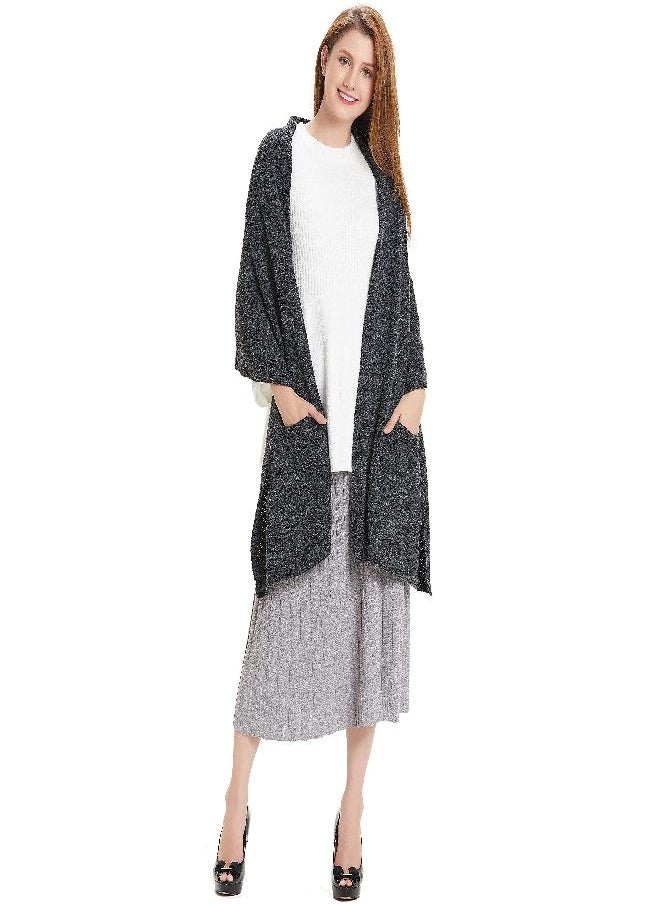 HANERDUN Hanerdun's Womens Thick Knit Wrap Soft Warm Shawl Winter Scarf With Pocket, Black, One Size  - Image 2