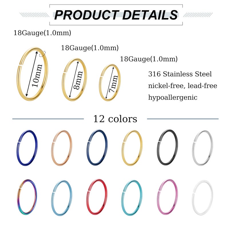 NICEIGHT 18G Stainless Steel Nose Rings Hoops for Women Men - Cartilage Helix Earring Hoops Lip Rings Nose Piercing Jewelry 7+8+10MM - Image 3