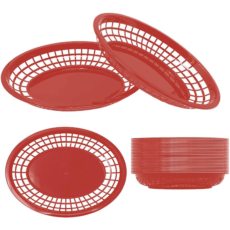 NextClimb سلال الطعام السريعة من نكست كلايم بلاستيك 12 × 9 HUGE سلال الطعام لتقديم الطعام القابلة لإعادة الاستخدام لمطاعم الوجبات السريعة برجر سمك بطاطس ساندويتش أطباق صينية 24 حزمة حمراء