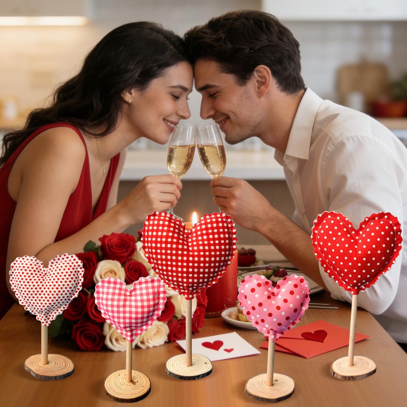 GRMIKBU 5Pcs Tall Standing Fabric Hearts Decor,Valentine's Day Standing Heart Blocks with Wood Base for Tabletop Centerpiece,for Farmhouse, Office, Wedding Table Decoration, Romantic Gift for Lover - Image 5