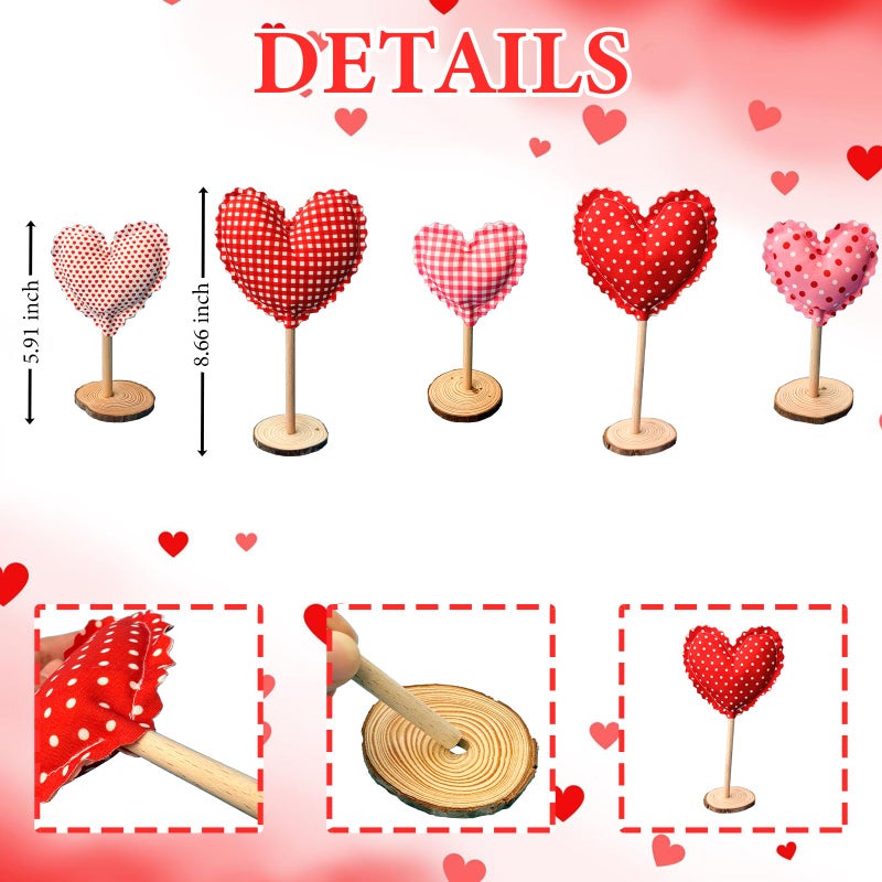 GRMIKBU 5Pcs Tall Standing Fabric Hearts Decor,Valentine's Day Standing Heart Blocks with Wood Base for Tabletop Centerpiece,for Farmhouse, Office, Wedding Table Decoration, Romantic Gift for Lover - Image 2