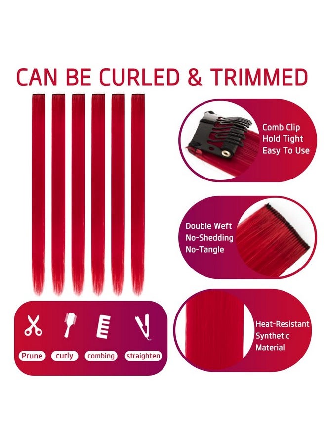 HH FASHION 20 Inch Colored Clip In Hair Extensions 10Pcs Straight Hair Synthetic Hairpieces For Party Highlight Red  - Image 3