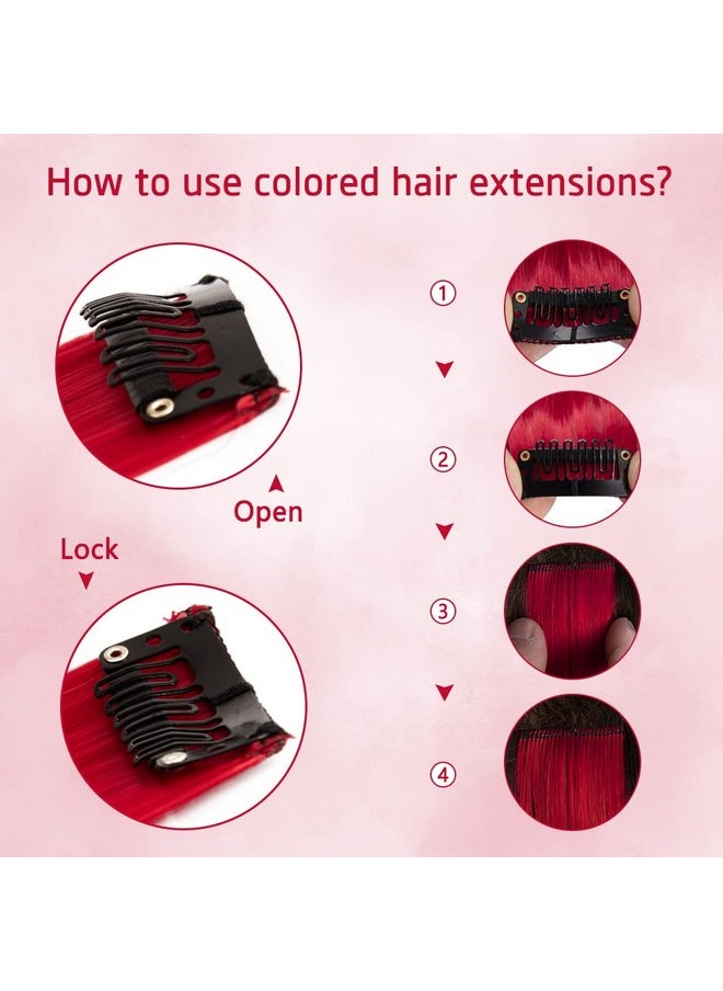 HH FASHION 20 Inch Colored Clip In Hair Extensions 10Pcs Straight Hair Synthetic Hairpieces For Party Highlight Red  - Image 4