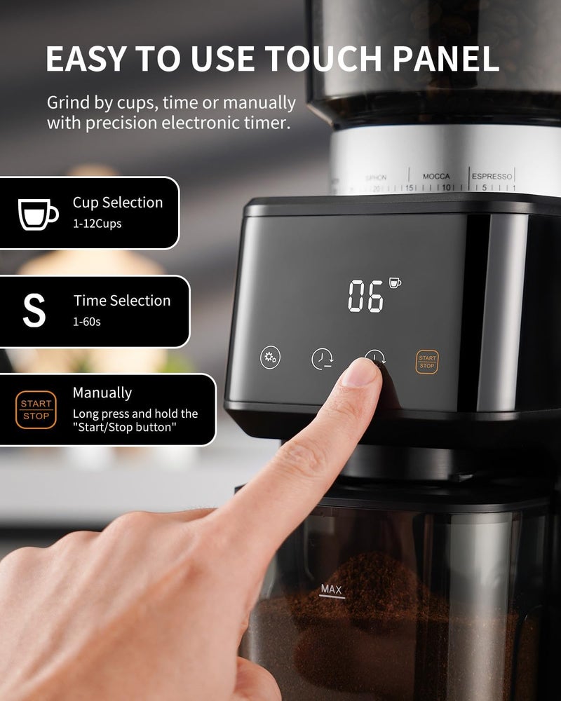 SHARDOR - Conical Coffee Grinder for Electric Espresso Coffee with 2.0 Precision Timer, Adjustable Touch Screen with 51 Precise Settings for Home Use, Anti-Static, Stainless Steel - Image 2