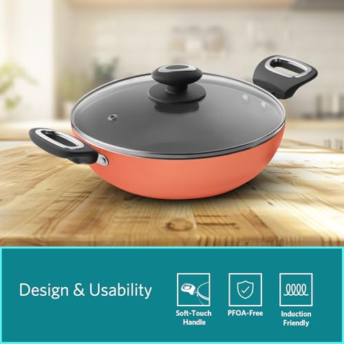 VAYA Hautechef Non-Stick Kadai with Glass Lid 16cm, 3-Layer ILAG Swiss Coating, PFOA-Free, Induction Friendly, with Soft-Touch Grey Handle, Color - Coral Crush - Image 2