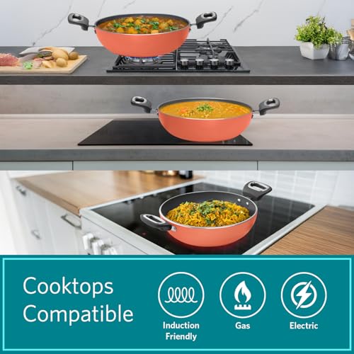 VAYA Hautechef Non-Stick Kadai with Glass Lid 16cm, 3-Layer ILAG Swiss Coating, PFOA-Free, Induction Friendly, with Soft-Touch Grey Handle, Color - Coral Crush - Image 5