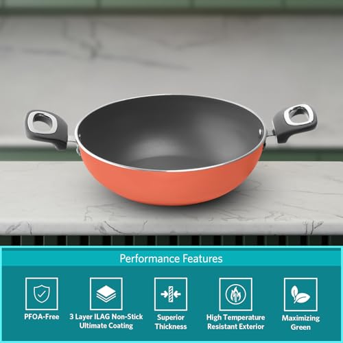 VAYA Hautechef Non-Stick Kadai with Glass Lid 16cm, 3-Layer ILAG Swiss Coating, PFOA-Free, Induction Friendly, with Soft-Touch Grey Handle, Color - Coral Crush - Image 3