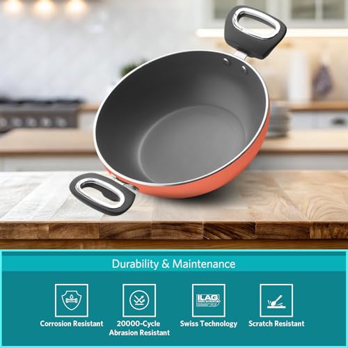 VAYA Hautechef Non-Stick Kadai with Glass Lid 16cm, 3-Layer ILAG Swiss Coating, PFOA-Free, Induction Friendly, with Soft-Touch Grey Handle, Color - Coral Crush - Image 4