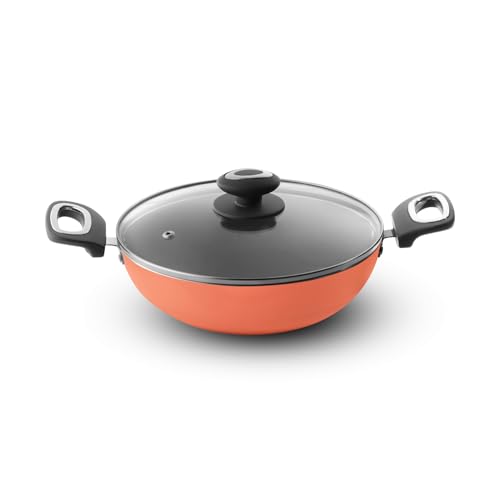 VAYA Hautechef Non-Stick Kadai with Glass Lid 16cm, 3-Layer ILAG Swiss Coating, PFOA-Free, Induction Friendly, with Soft-Touch Grey Handle, Color - Coral Crush - Image 1