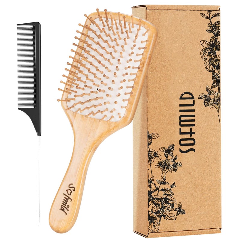 Hair BrushNatural Wooden Bamboo Brush and Detangle Tail Comb Paddle Hairbrush for Women Men and Kids Make Thin Long Curly Hair Health and Massage Scalp