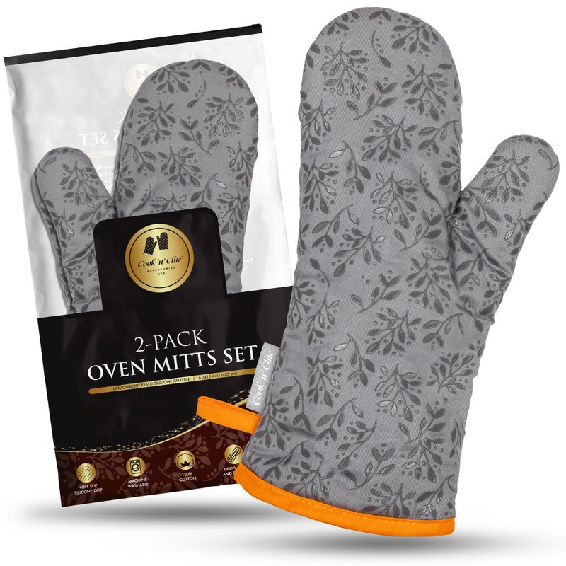 COOK 'N' CHIC Premium HeatResistant Oven Mitts  Stylish and Beautiful  NonSlip Platinum Silicone Grip  Long and Thick  100 Natural Cotton Exterior and Soft Terry Cloth Lining  Set of 2 by CooknChic 