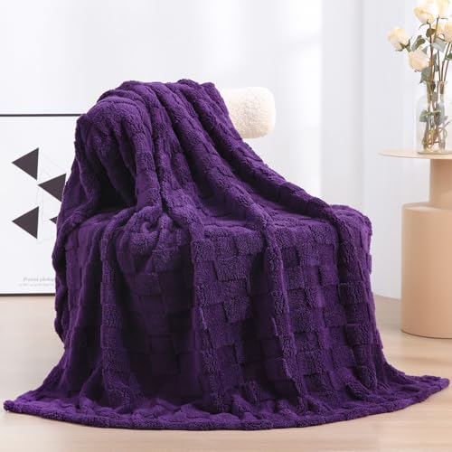 Linecooo Deep Purple Fleece Throw Blanket 50”×60” for Couch Sofa Bed,Super Soft Cozy Plush Microfiber Flannel Blanket with 3D Checkered Design Lightweight for Adults,Woman,Girls - Image 1