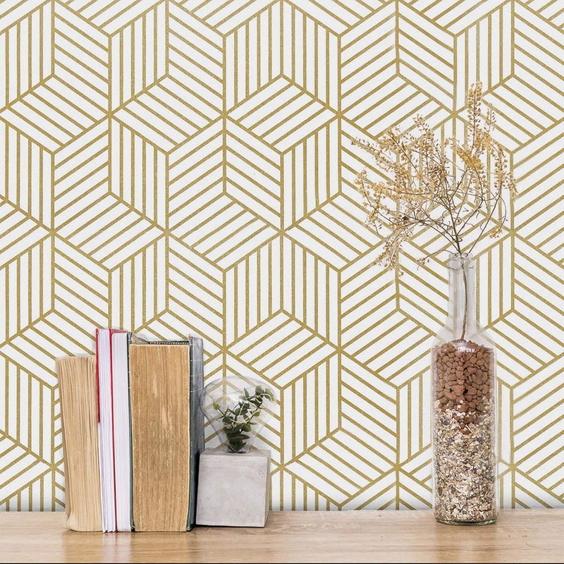 MelunMer Geometric Peel and Stick Wallpaper Gold 197In L 17.7In W Self Adhesive Removable Wallpaper for Bedroom/Bathroom Waterproof Modern Contact Paper for Cabinets Gold Contact Paper Shelf Liner - Image 1