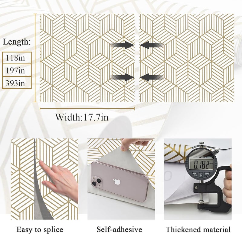MelunMer Geometric Peel and Stick Wallpaper Gold 197In L 17.7In W Self Adhesive Removable Wallpaper for Bedroom/Bathroom Waterproof Modern Contact Paper for Cabinets Gold Contact Paper Shelf Liner - Image 3
