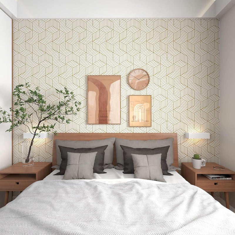 MelunMer Geometric Peel and Stick Wallpaper Gold 197In L 17.7In W Self Adhesive Removable Wallpaper for Bedroom/Bathroom Waterproof Modern Contact Paper for Cabinets Gold Contact Paper Shelf Liner - Image 2