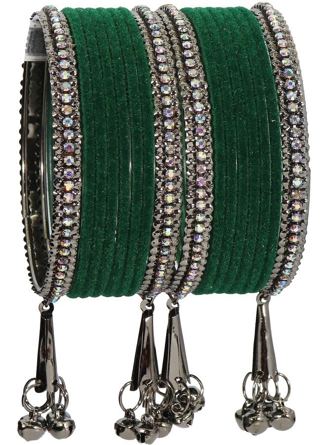 NMII Metal with Zircon Gemstone and Velvet Adorned Bells Latkan Bangles Set For Girls and Women,F175_Grey-Green-2.4 - Image 3